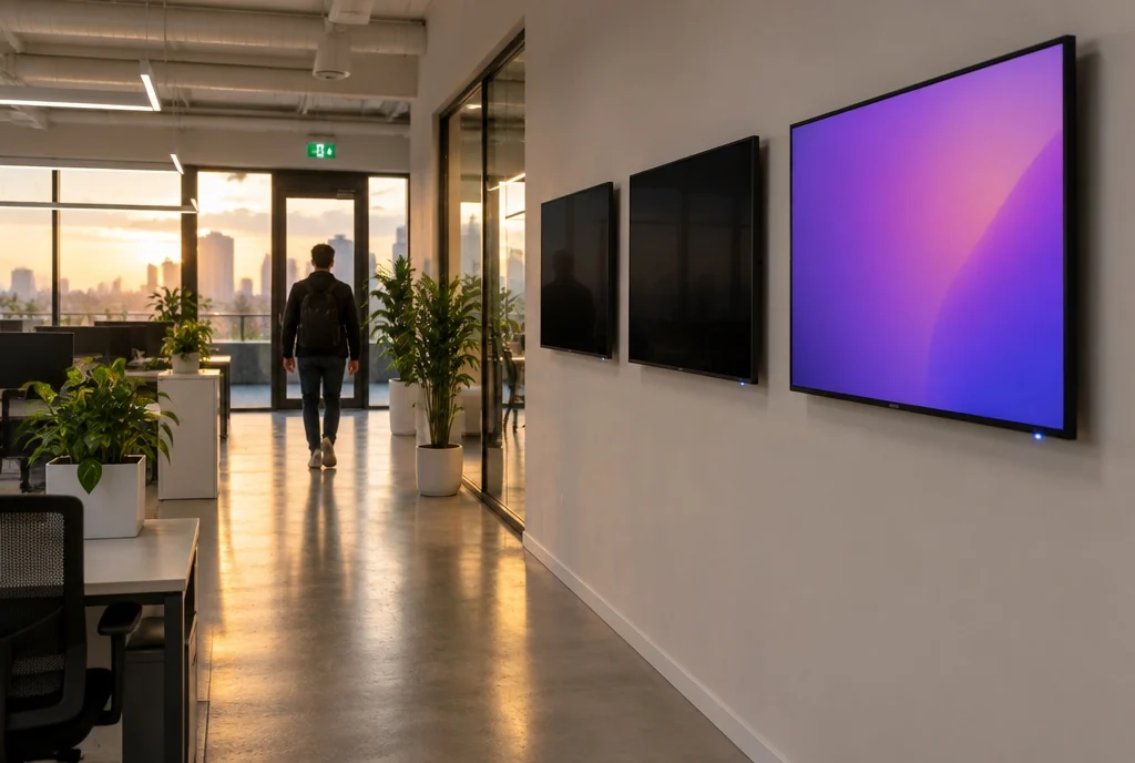 Office corridor at the end of the day: two screens switched to automatic standby, a third still on