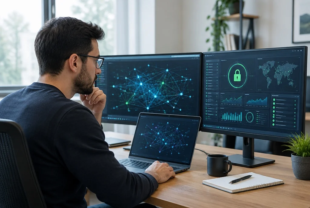 Security engineer monitoring dashboards on two monitors, a padlock on screen