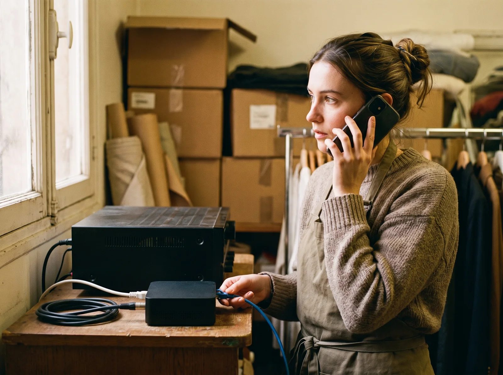 Magatzem d'una botiga: una empleada al telèfon connecta el cable de xarxa del reproductor, al costat de l'amplificador