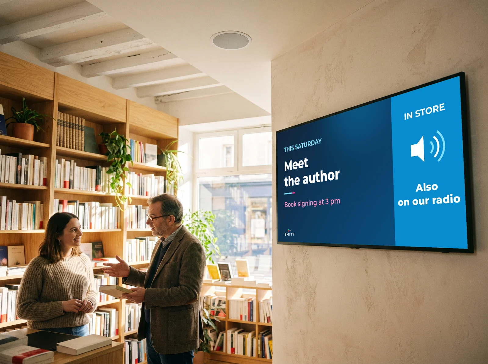 Bookshop in light wood: a bookseller advises a customer below the screen « This Saturday · Meet the author · Book signing at 3 pm · Also on our radio », ceiling speaker