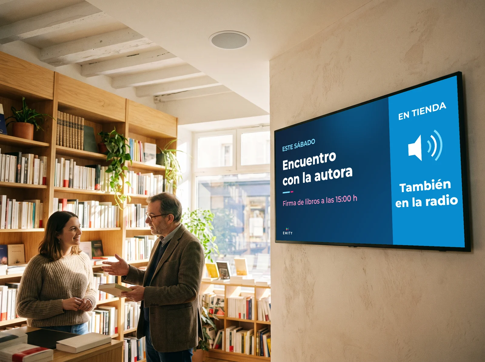 Librería de madera clara: un librero aconseja a una clienta bajo la pantalla « Este sábado · Encuentro con la autora · Firma de libros a las 15:00 h · También en la radio », altavoz en el techo