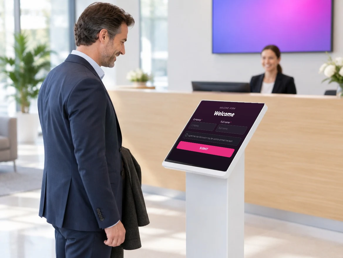 Visitor checking in on the visitor register kiosk at reception