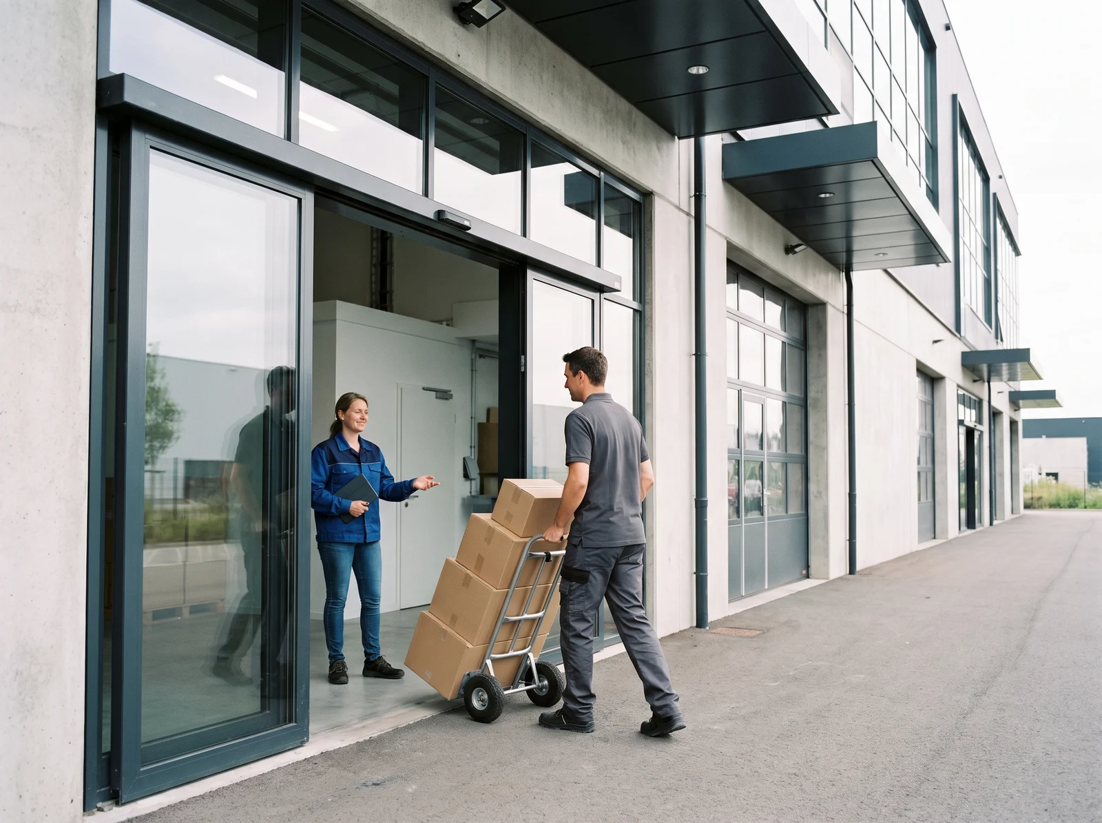 Livreur qui pousse un diable chargé de cartons vers l'entrée des marchandises, accueilli par une employée