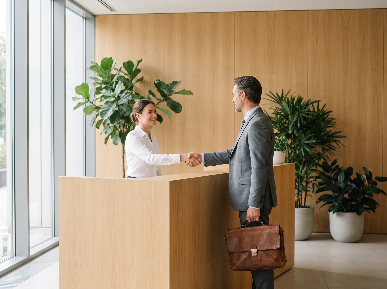 Hôtesse d'accueil qui serre la main d'un visiteur en costume, mallette à la main, devant la banque d'accueil