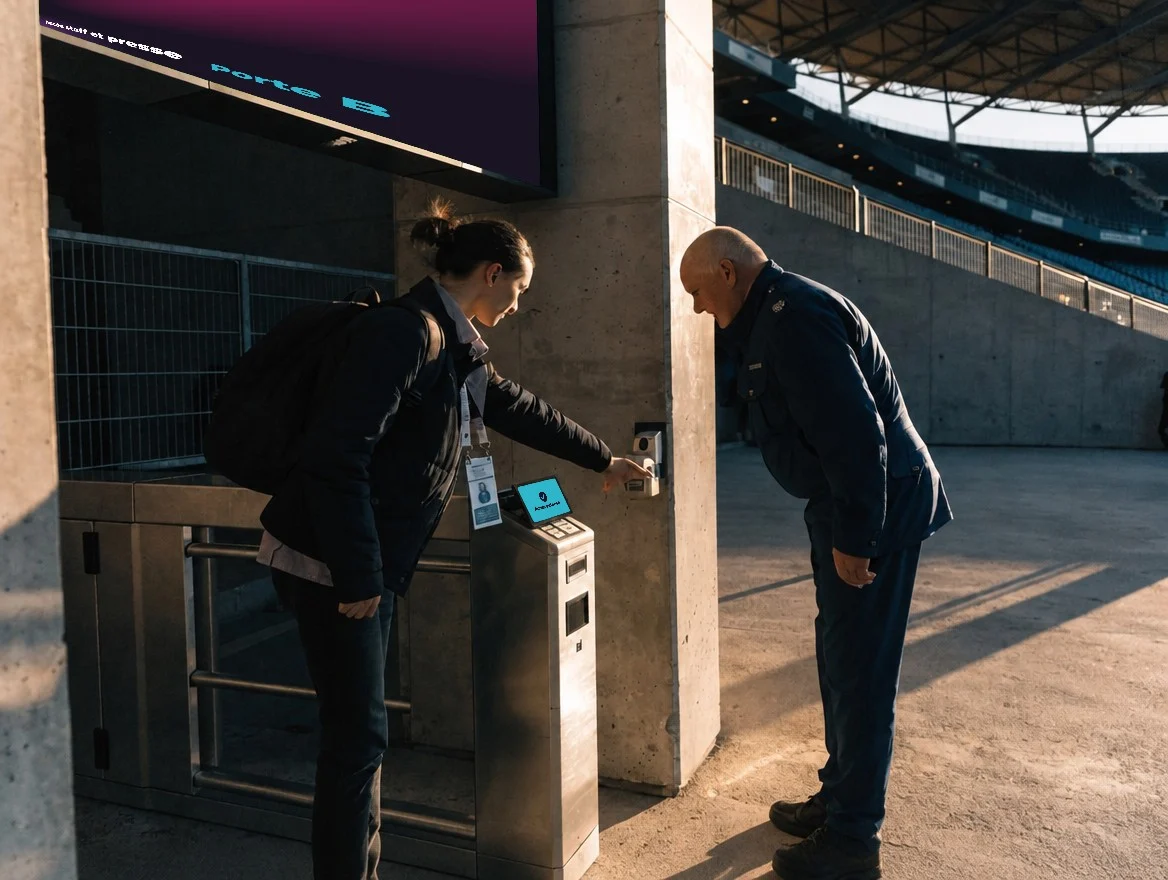 Accès réservé d'un stade où un membre du staff présente son badge au lecteur du tourniquet