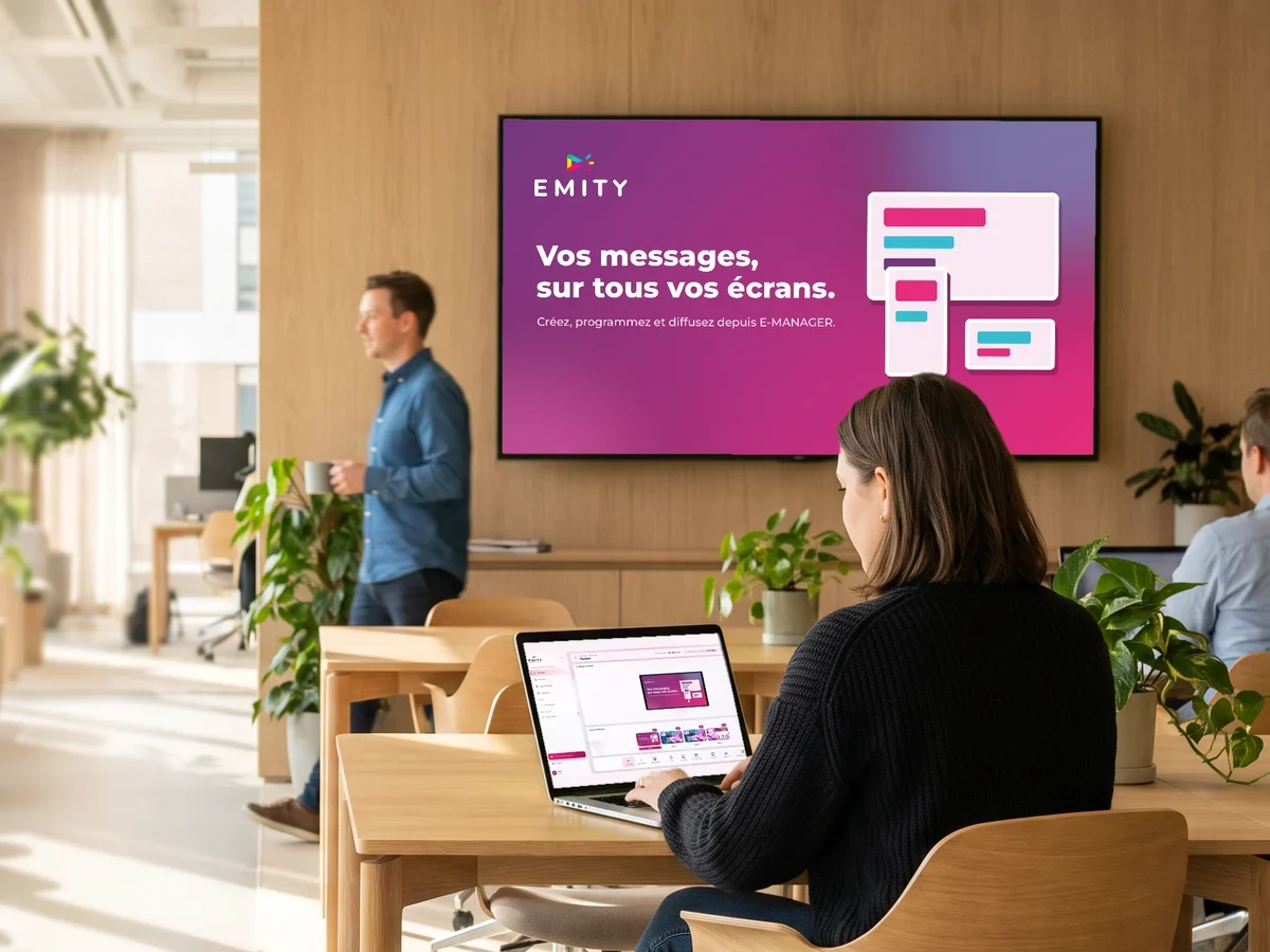 Espace de travail où un écran mural EMITY diffuse « Vos messages, sur tous vos écrans »