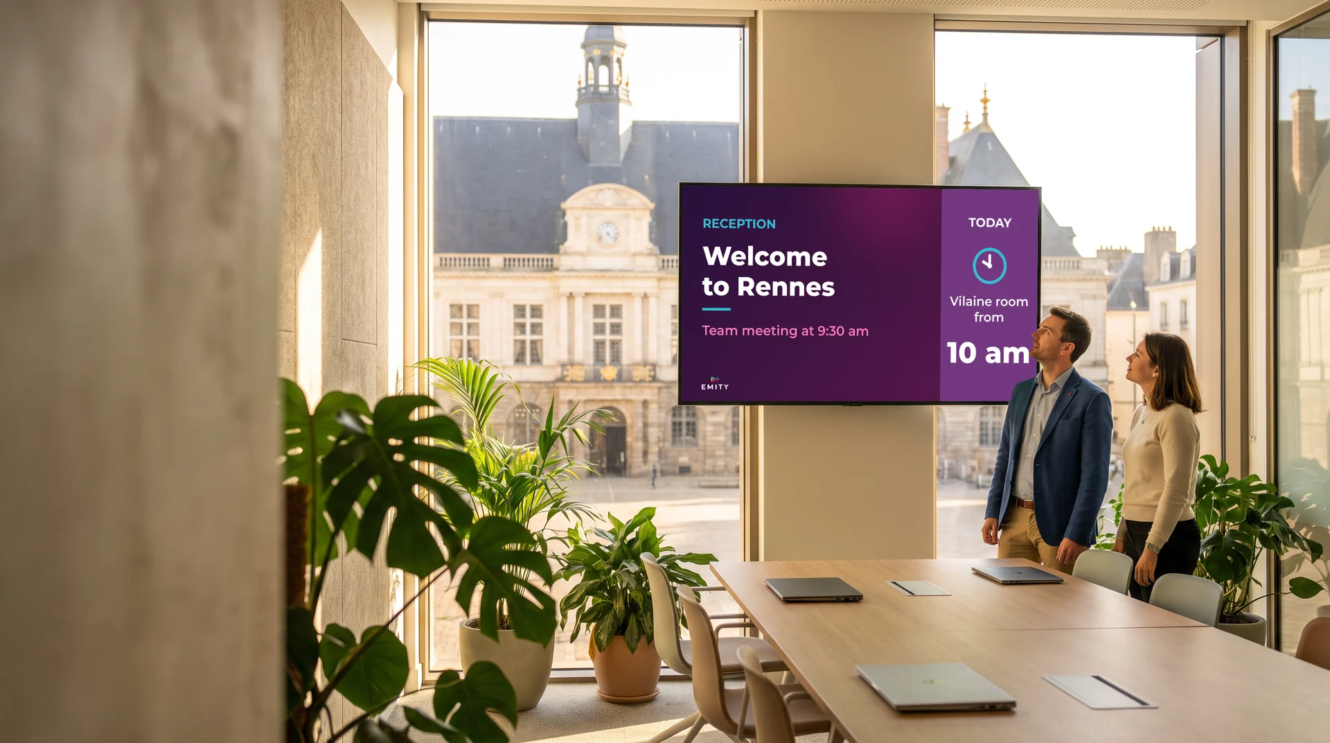Bright meeting room in central Rennes: two colleagues read the wall screen “Welcome to Rennes” announcing the Vilaine room from 10 am