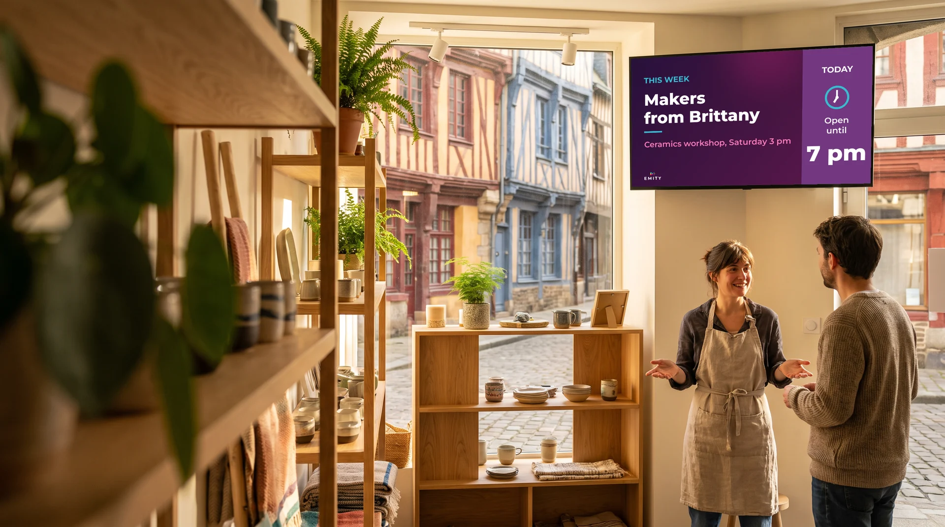 Concept store in old Rennes, half-timbered houses through the window: a shopkeeper welcomes a customer beneath the wall screen “Makers from Brittany”