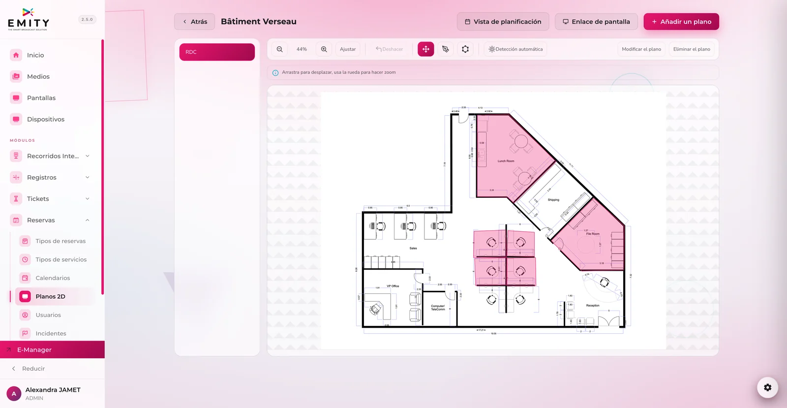 Plànol 2D d’un edifici a E-MANAGER, amb les sales dibuixades al plànol