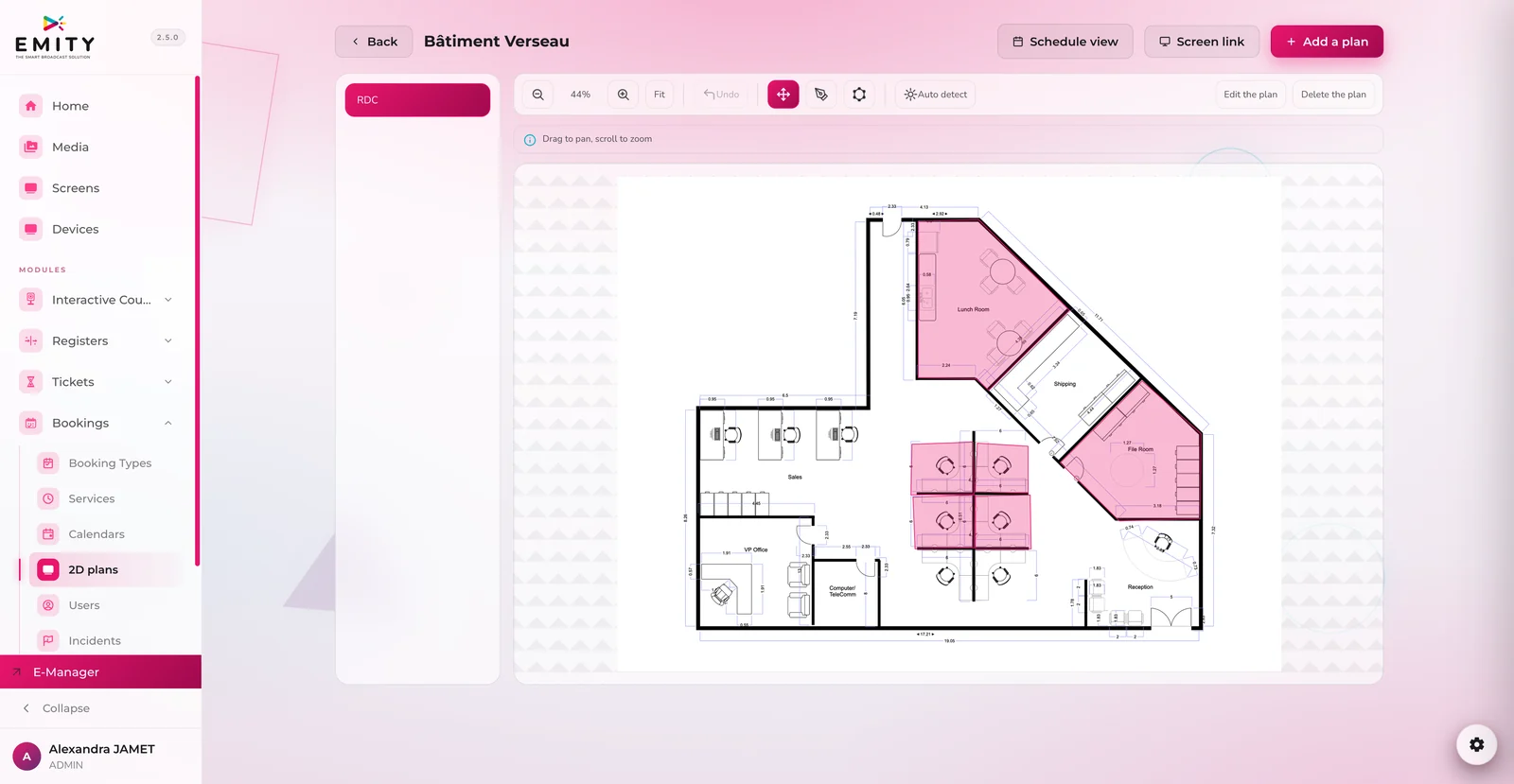 2D building plan in E-MANAGER, with the rooms drawn on the plan