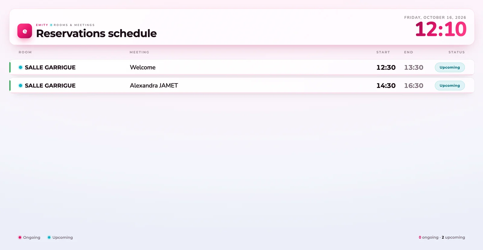 Booking schedule on the corridor screen: the day's meetings, start, end and status
