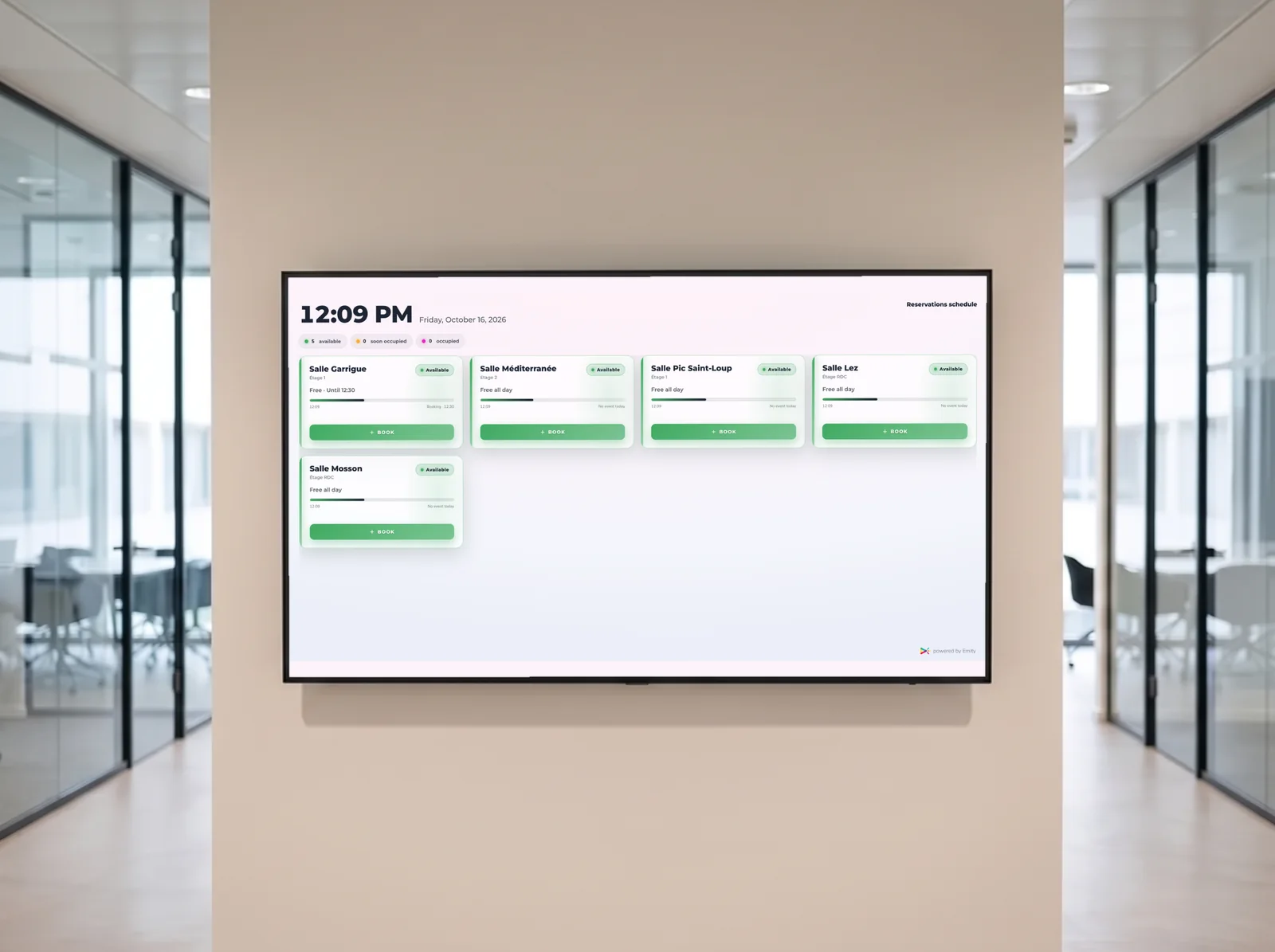Corridor screen showing every room on the floor with its availability and a Book button