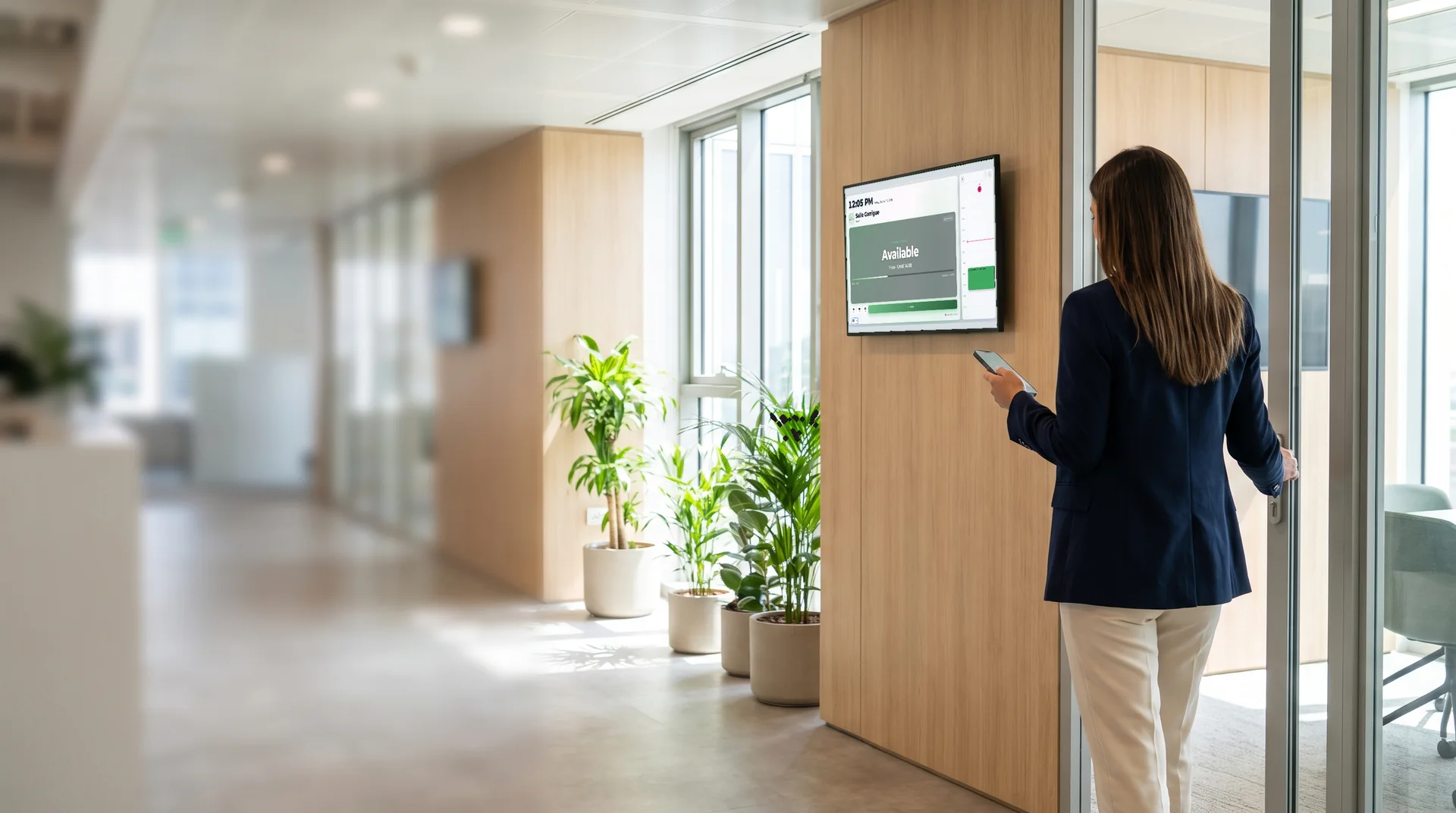 Employee entering a meeting room, smartphone in hand, beside the door screen showing the room as available