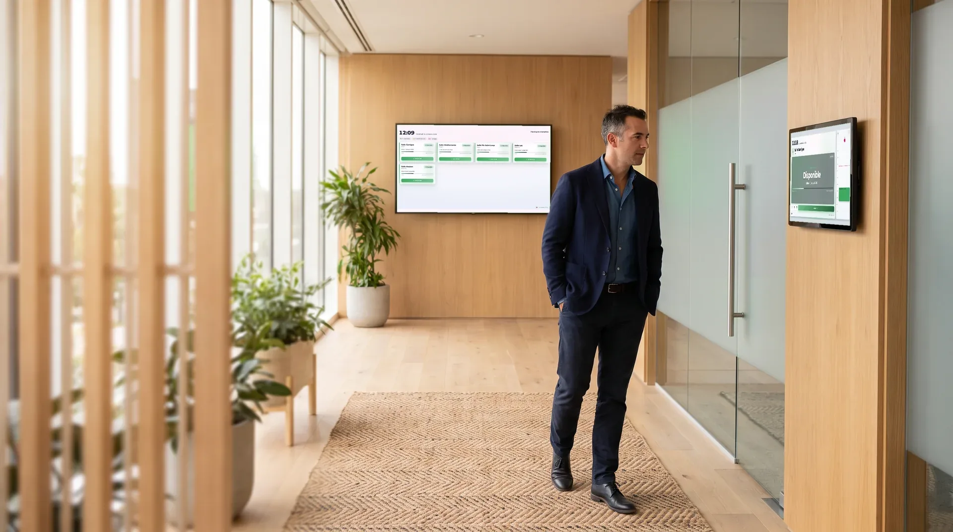 Collaborateur dans un couloir de bureaux qui consulte l'écran de porte d'une salle de réunion, l'écran du couloir affiche la disponibilité des salles