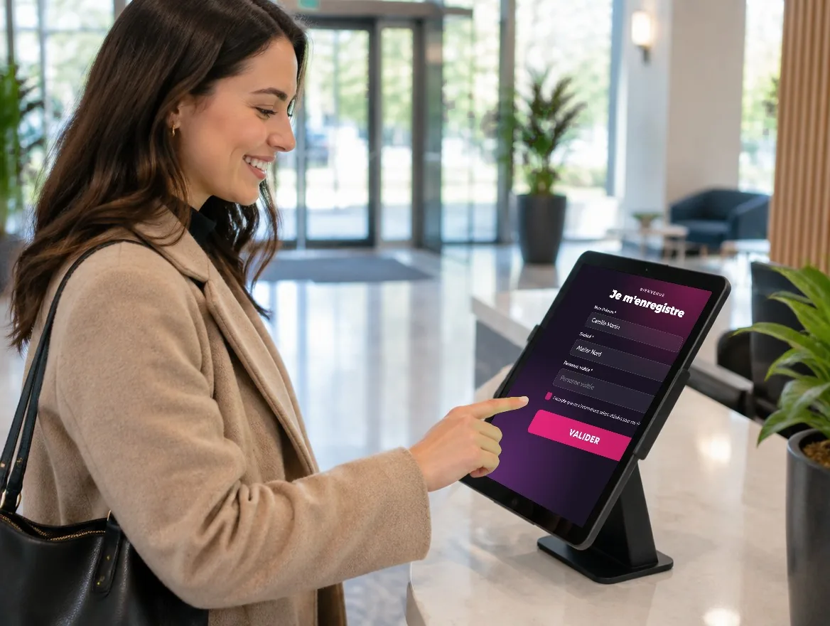 Visiteuse qui s'enregistre sur une tablette d'accueil