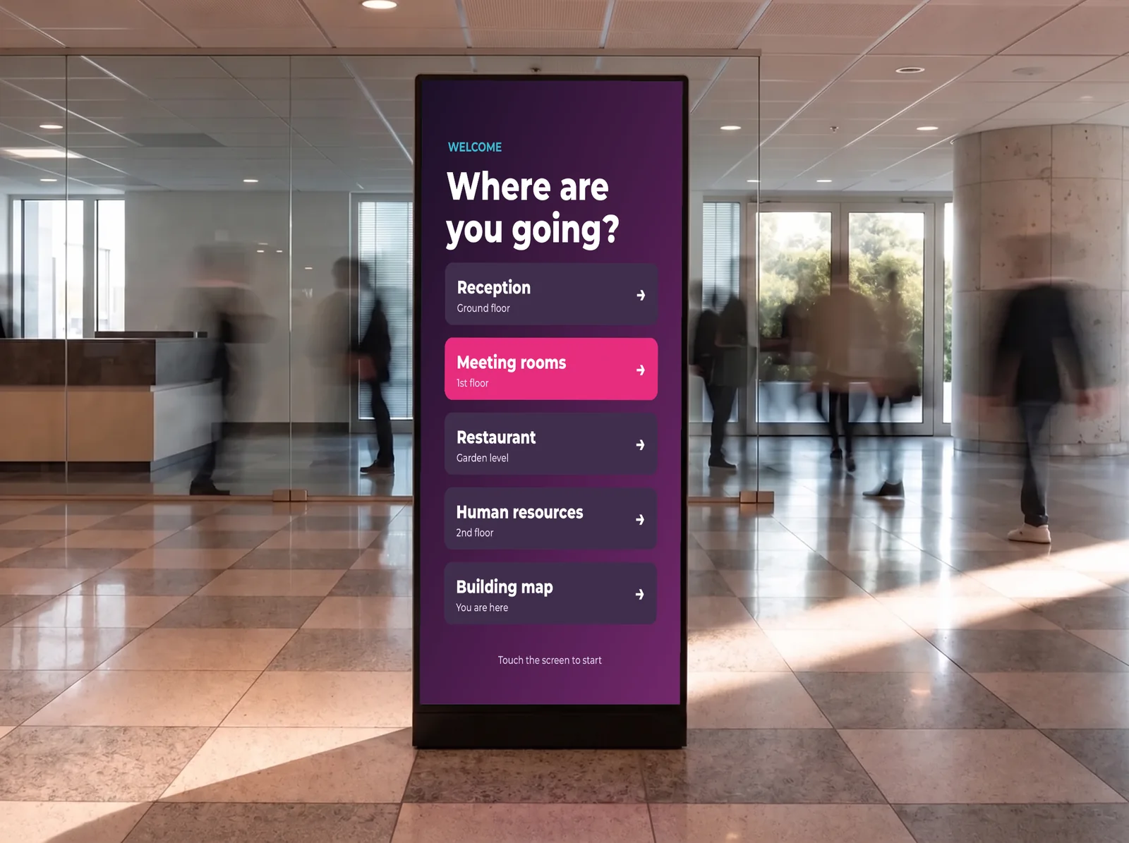 E-CLICK touch kiosk in the lobby asking visitors where they are going