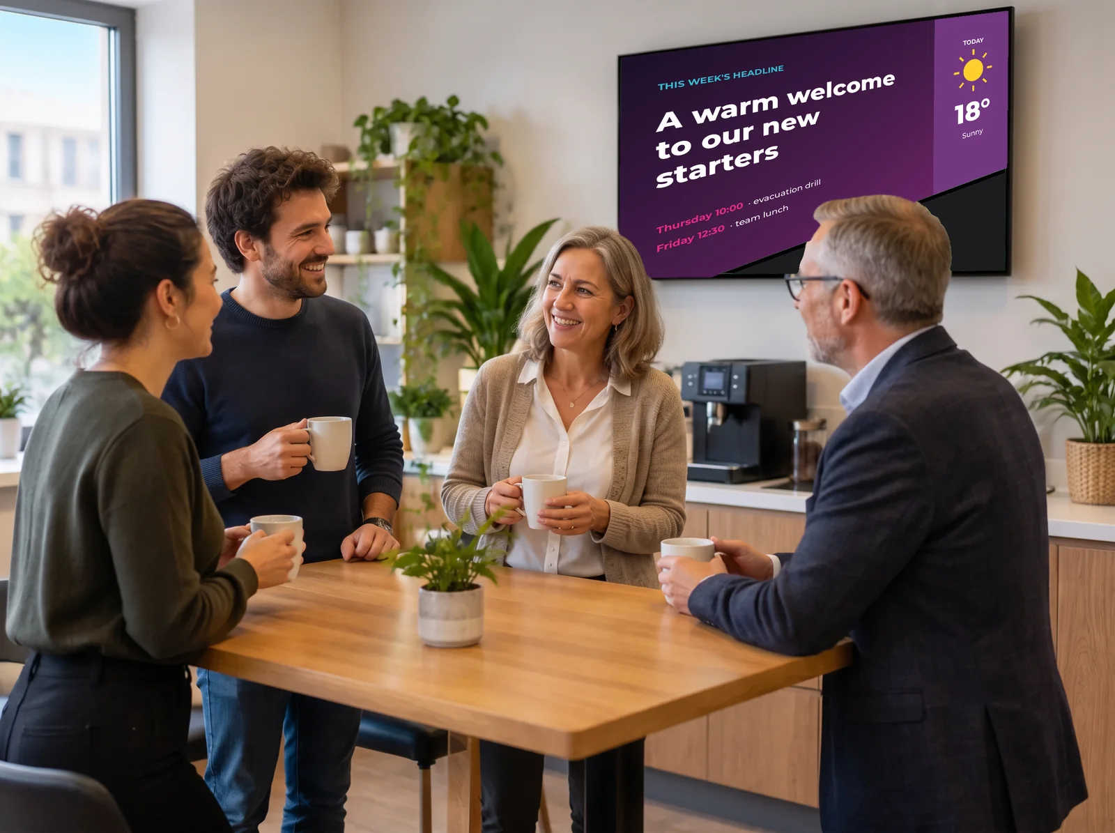 Employees on a coffee break in front of an internal information screen welcoming new starters