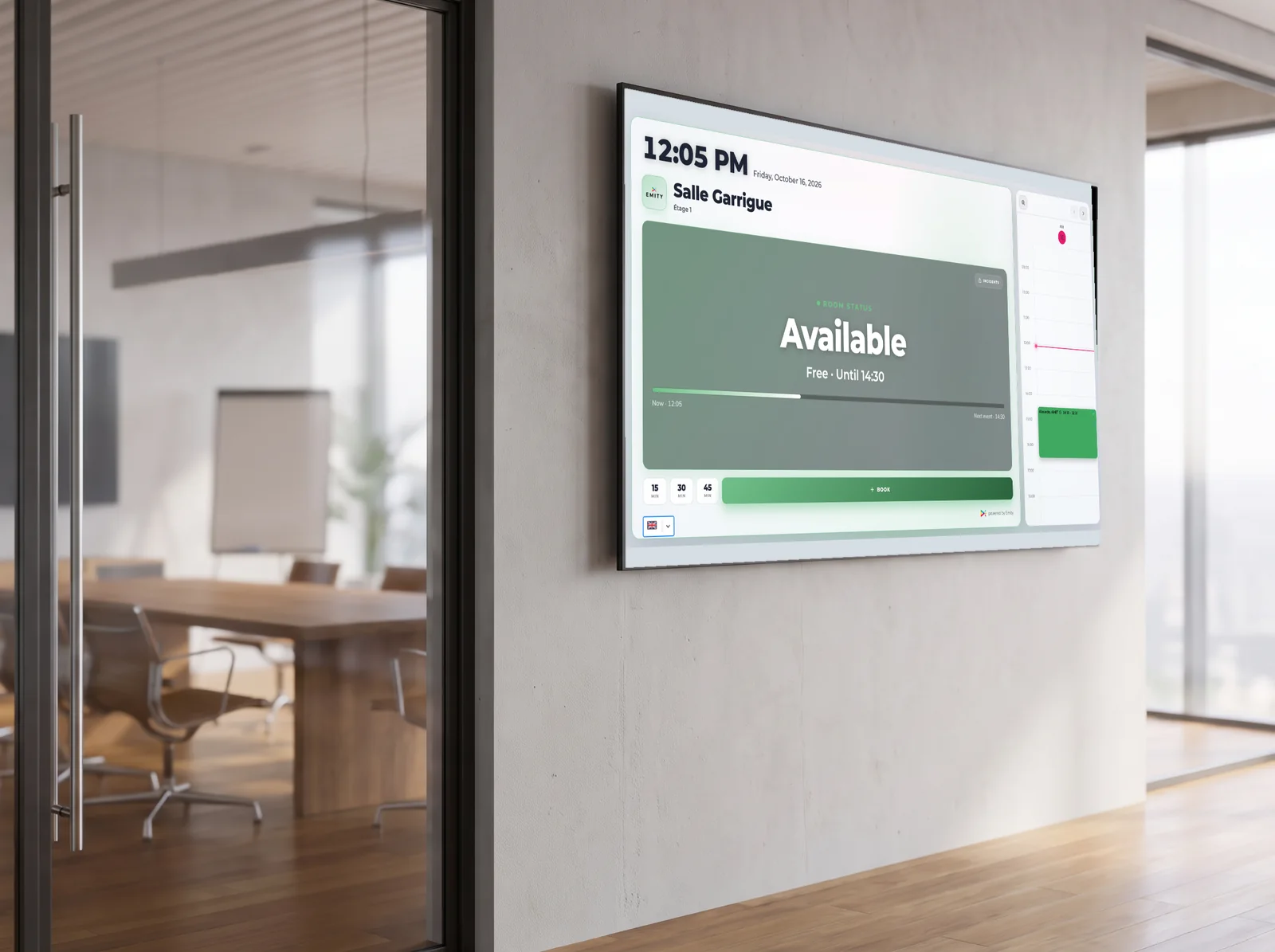 Touch screen at the entrance to a meeting room showing its status and the day's schedule