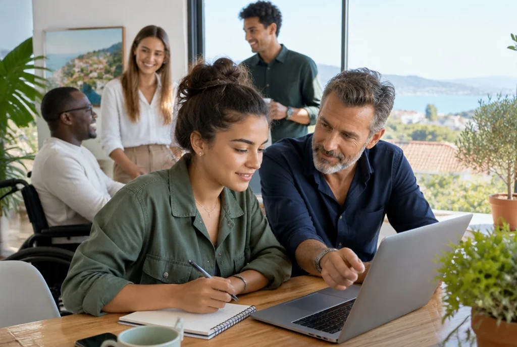 Alternante accompagnée par un collègue devant un ordinateur portable, dans un bureau lumineux avec l'équipe autour
