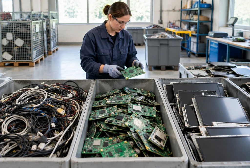 Atelier de tri : une technicienne sépare cartes électroniques, câbles et dalles usagées dans des bacs de recyclage
