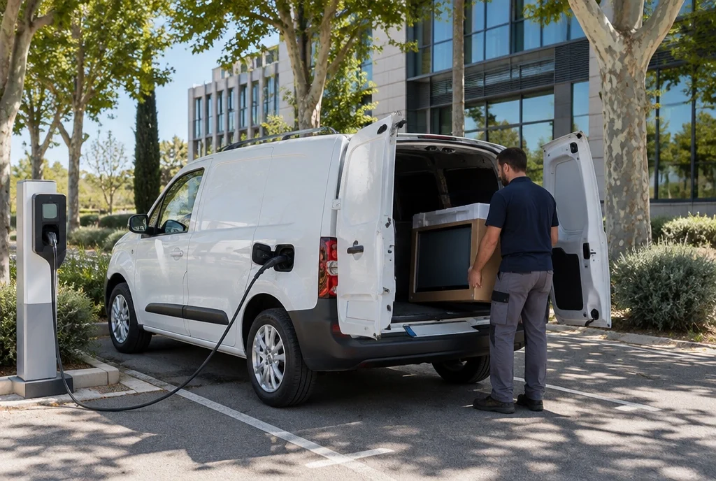 Technicien qui charge un écran dans un utilitaire électrique branché à une borne de recharge, devant un immeuble de bureaux