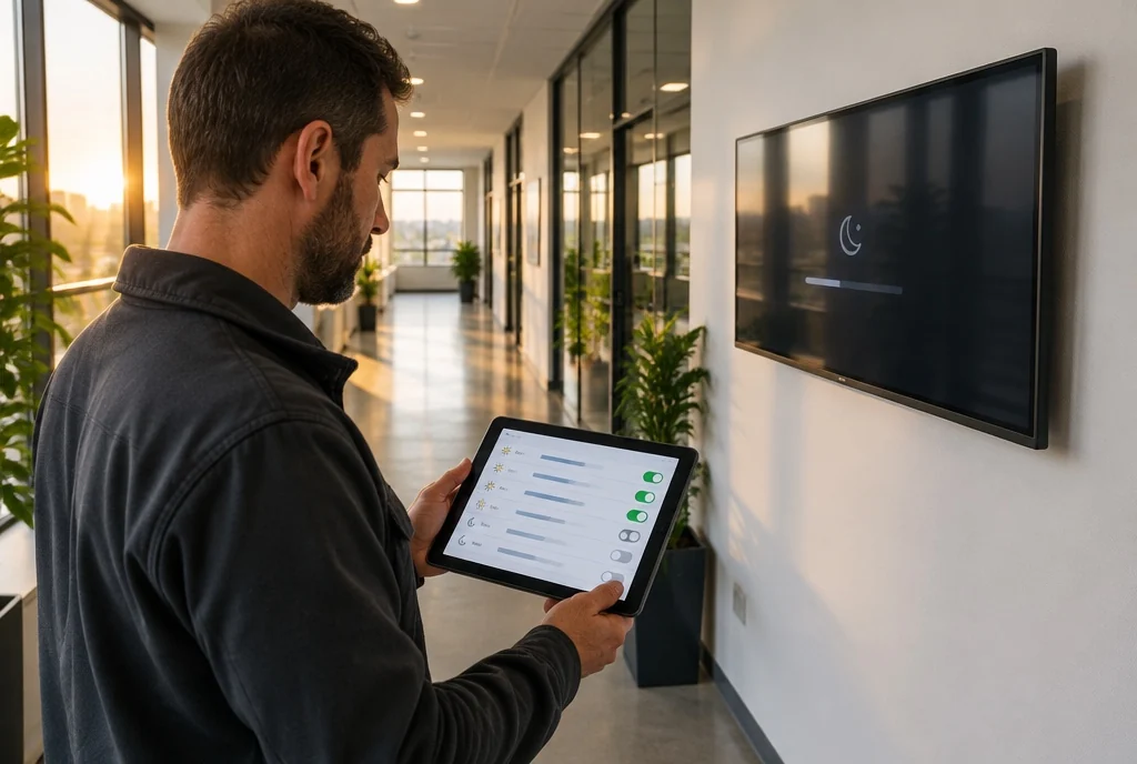 Responsable des services généraux qui programme sur sa tablette la mise en veille des écrans du couloir