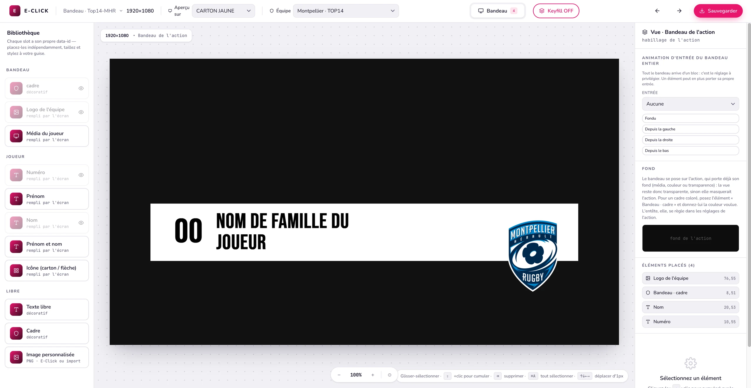 Éditeur de bandeau d'animation E-CLICK lié à une équipe et à son championnat, aperçu sur un carton jaune