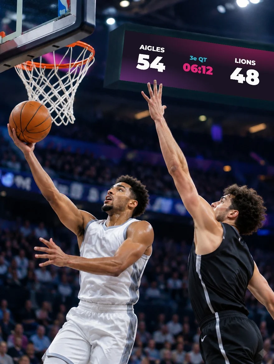 Action de basket sous le panier, le score du match affiché sur l'écran de la salle