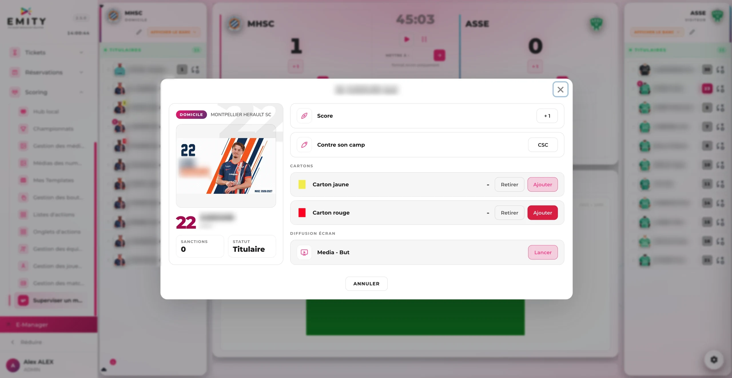 Fiche joueur dans E-MANAGER : but, cartons et lancement du média à l'écran