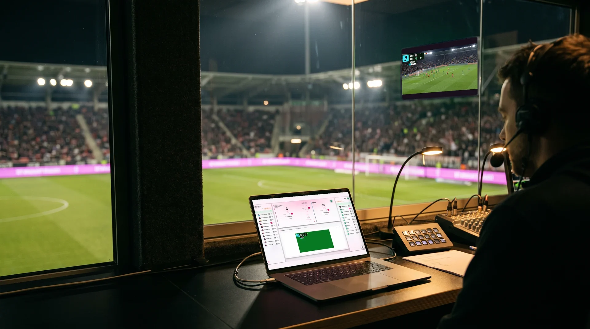 Stadium control room at night: an operator runs the score on a laptop, facing the pitch and the giant screen