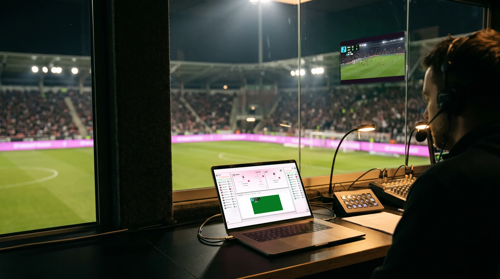 Sala de control de un estadio de noche: un operador gestiona el marcador en un portátil, frente al césped y la pantalla gigante
