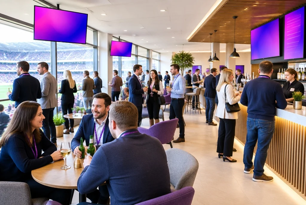 Espace réceptif d'un stade à la mi-temps, des invités autour des tables sous les écrans de l'enceinte
