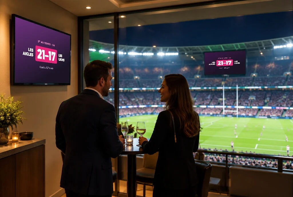 Loge de stade où deux invités regardent le match, le score affiché sur les écrans