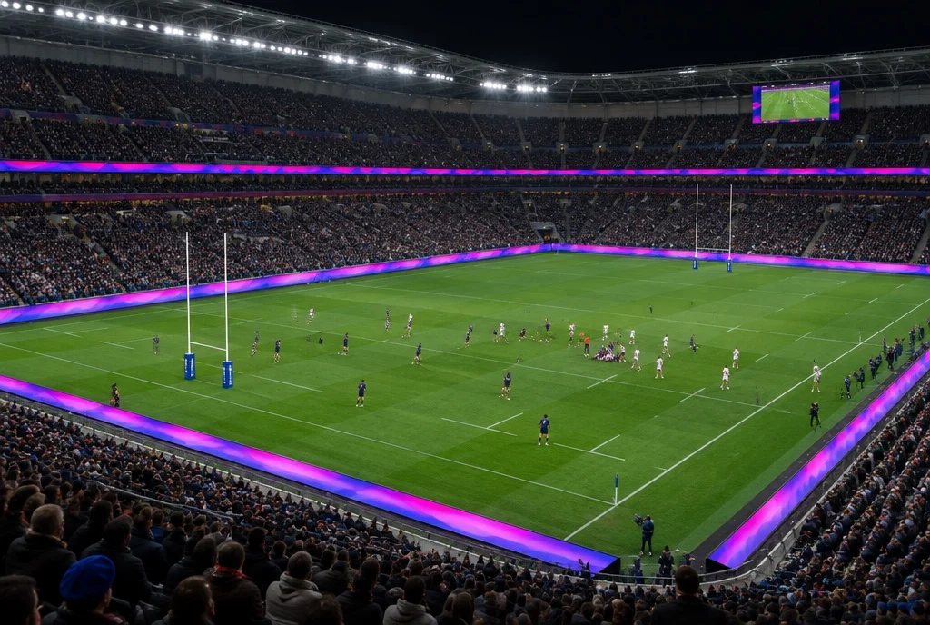 Stade de rugby le soir, le tour de stade LED allumé autour de la pelouse