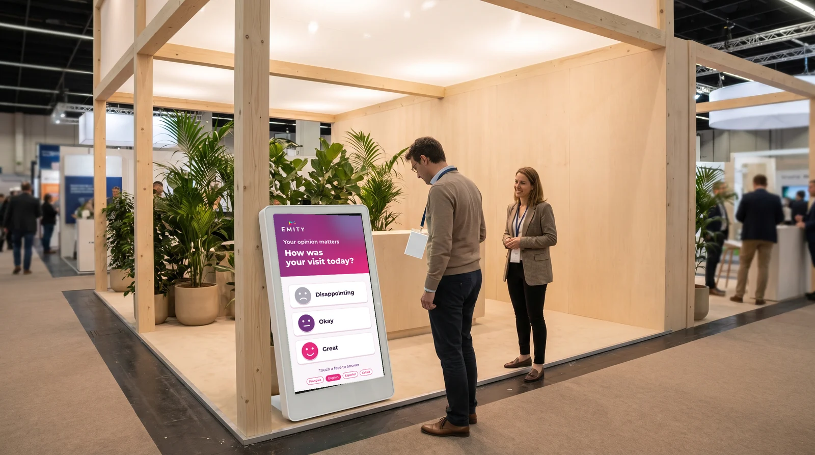 Trade show visitor at a survey kiosk on a stand