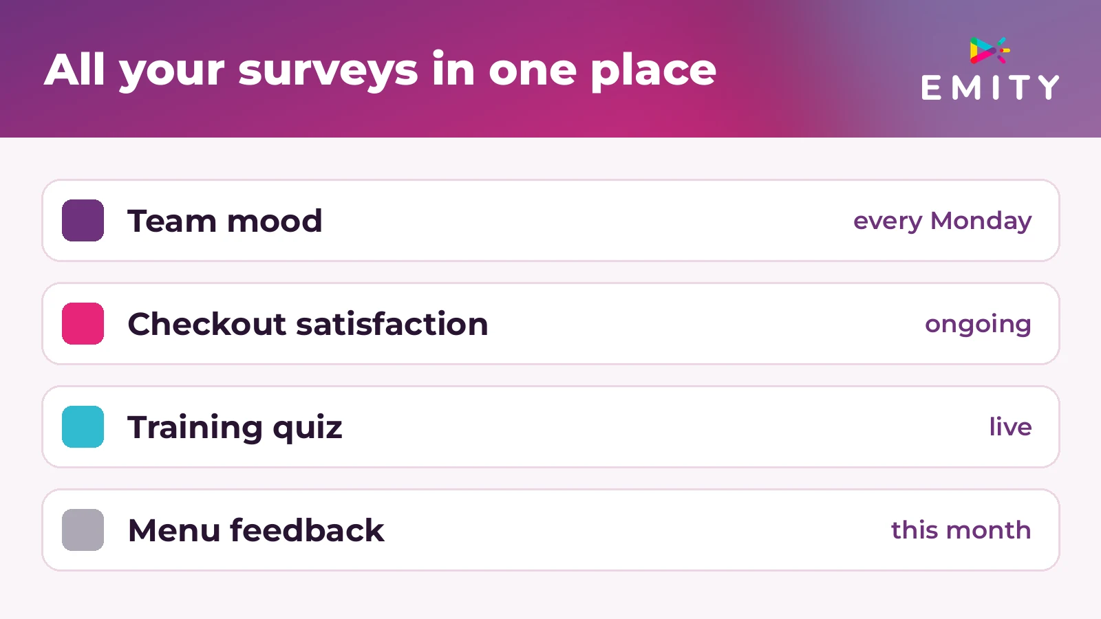 List of an account's surveys: weekly ritual, satisfaction, quiz