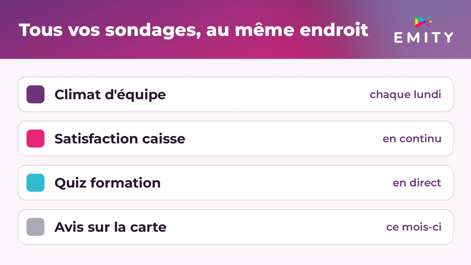 Liste des sondages d'un compte : rituel hebdomadaire, satisfaction, quiz