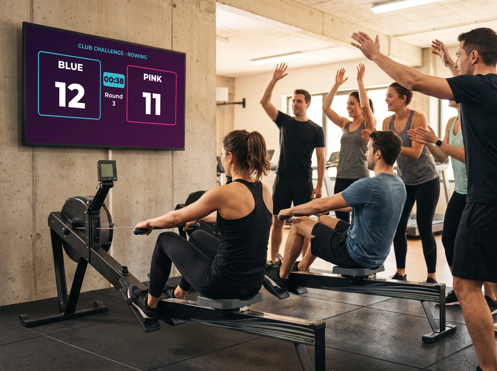 Rowing challenge between members: the screen shows both teams' scores and the round clock