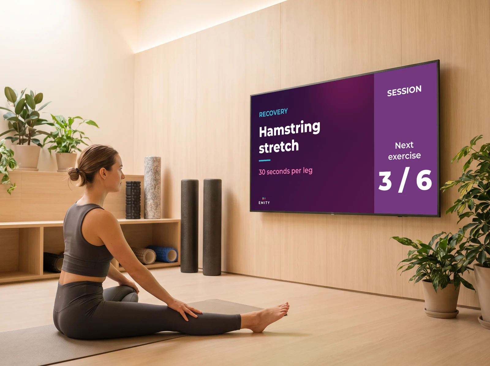 Member following the hamstring stretch shown on the recovery area screen