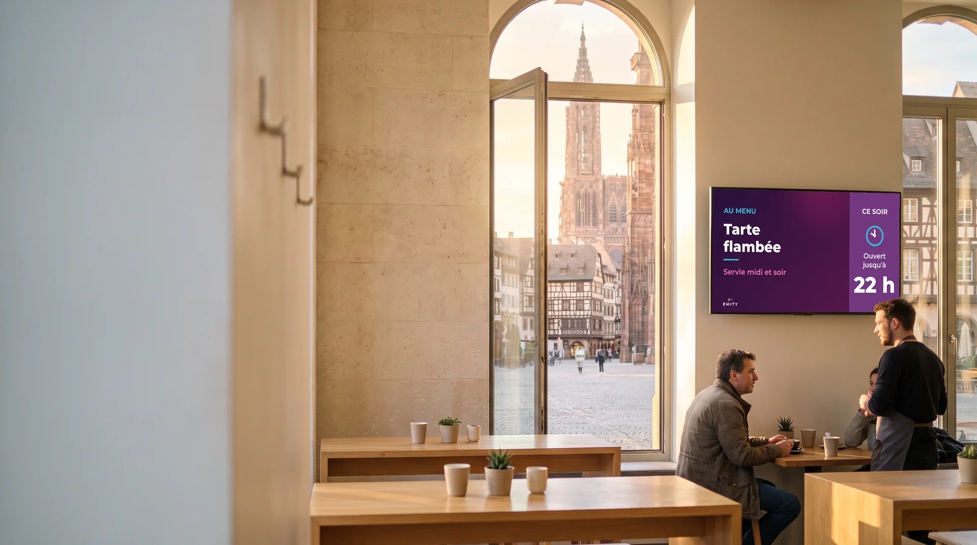 Café de la place de la Cathédrale : un serveur discute avec des clients sous l'écran mural « Tarte flambée », la façade de grès rose de la cathédrale par la fenêtre