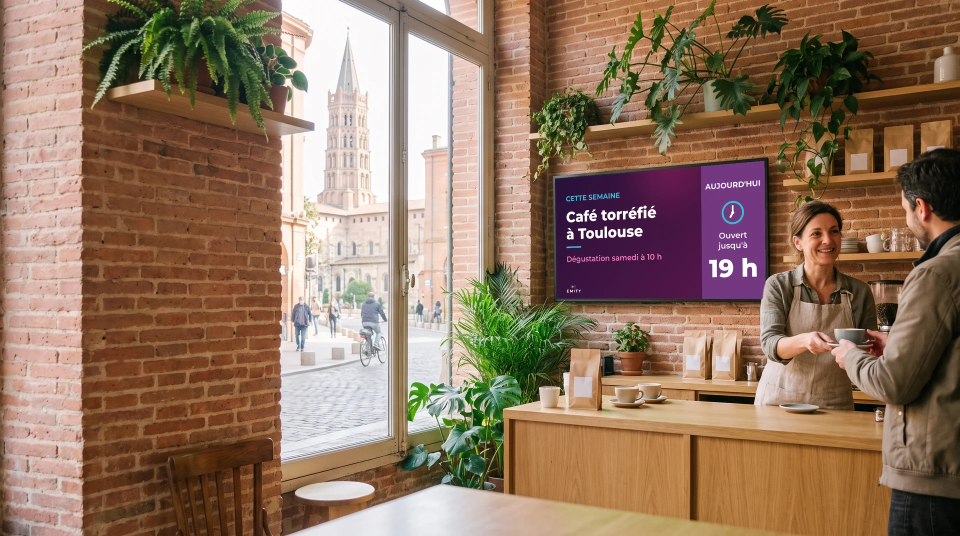 Café aux murs de brique rose, clocher de Saint-Sernin par la fenêtre : une commerçante sert un client sous l'écran mural « Café torréfié à Toulouse »