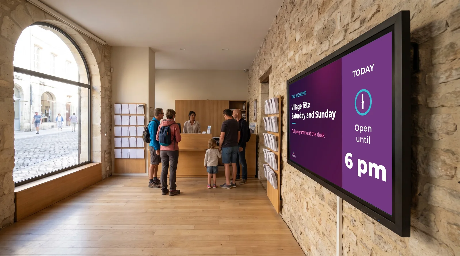 Stone-built tourist information centre: hikers and a family at the desk, a wall screen announcing the weekend village fête and closing time