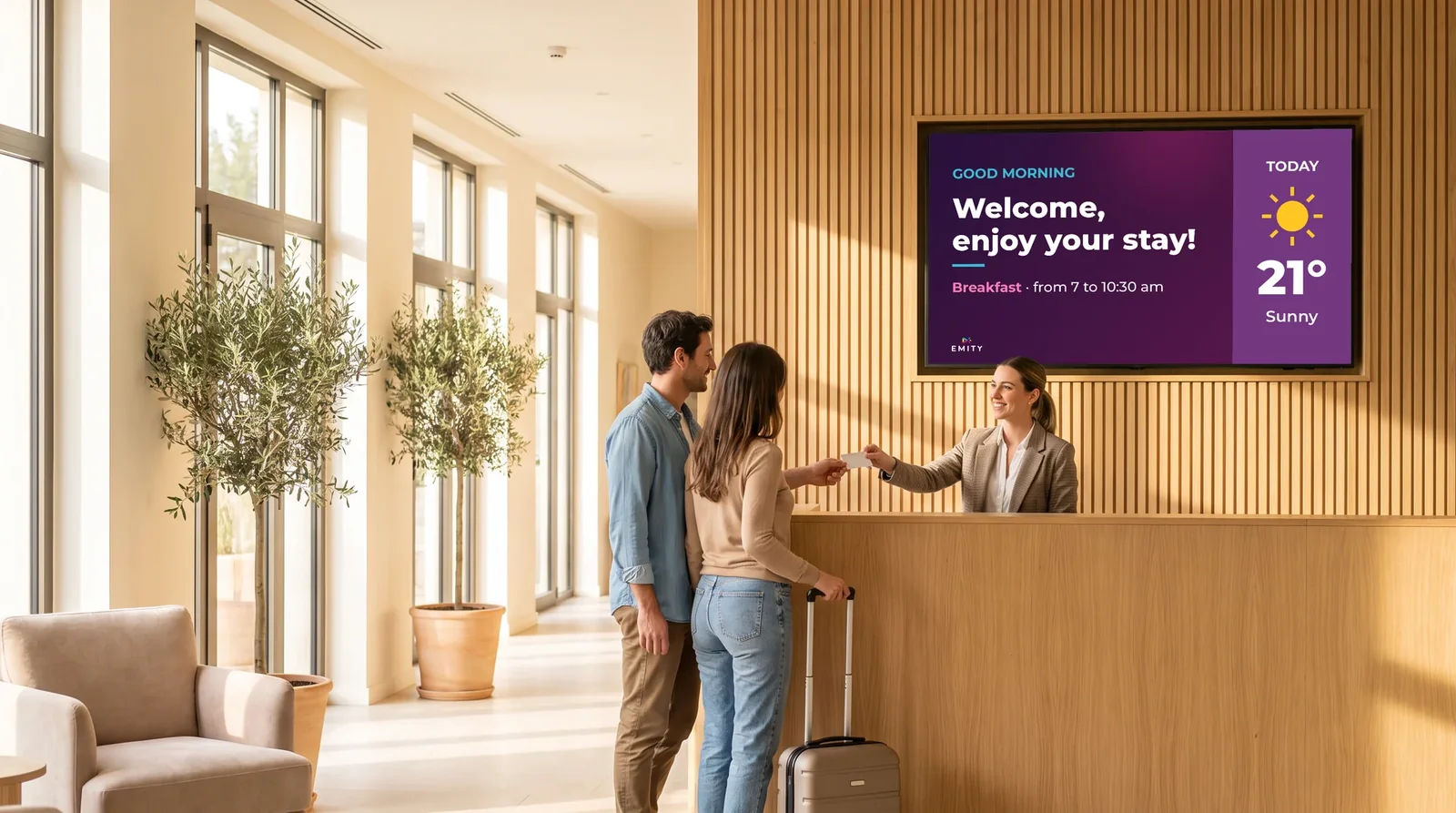 Hotel reception: a couple with a suitcase arrives, the wall screen welcomes them and shows the weather