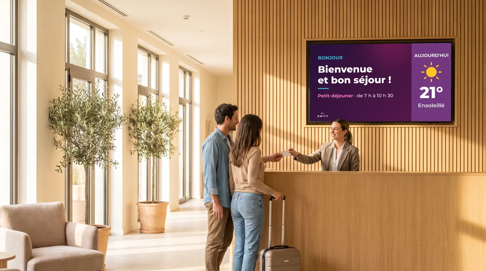 Réception d'hôtel : un couple avec sa valise arrive, l'écran mural souhaite la bienvenue et affiche la météo