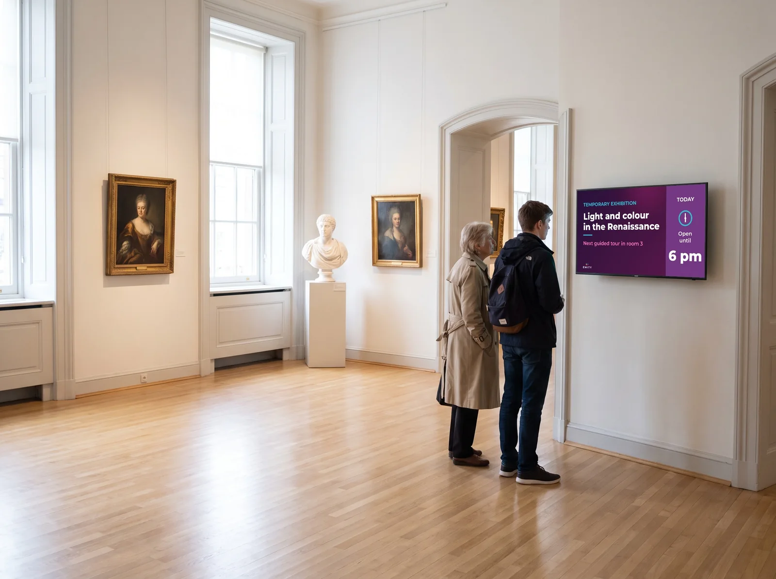 Museum gallery: two visitors read the screen announcing the temporary exhibition and the next guided tour