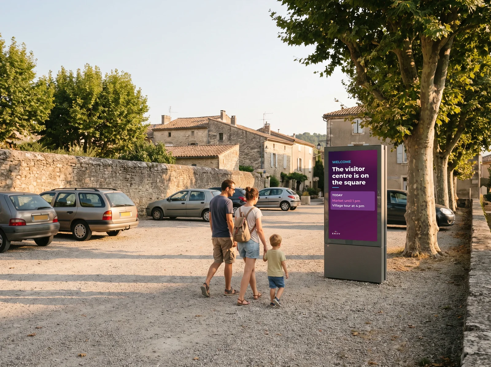 Family arriving in a village car park, in front of a totem saying the visitor centre is on the square, with today's programme