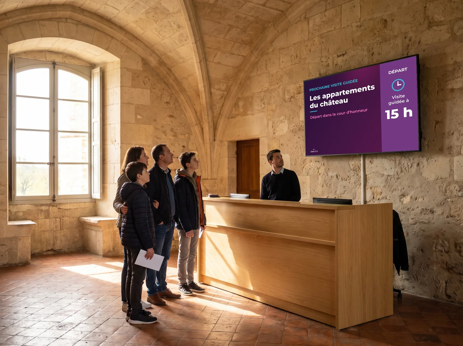 Visiteurs dans le hall de billetterie d'un château, sous un écran qui annonce la prochaine visite guidée
