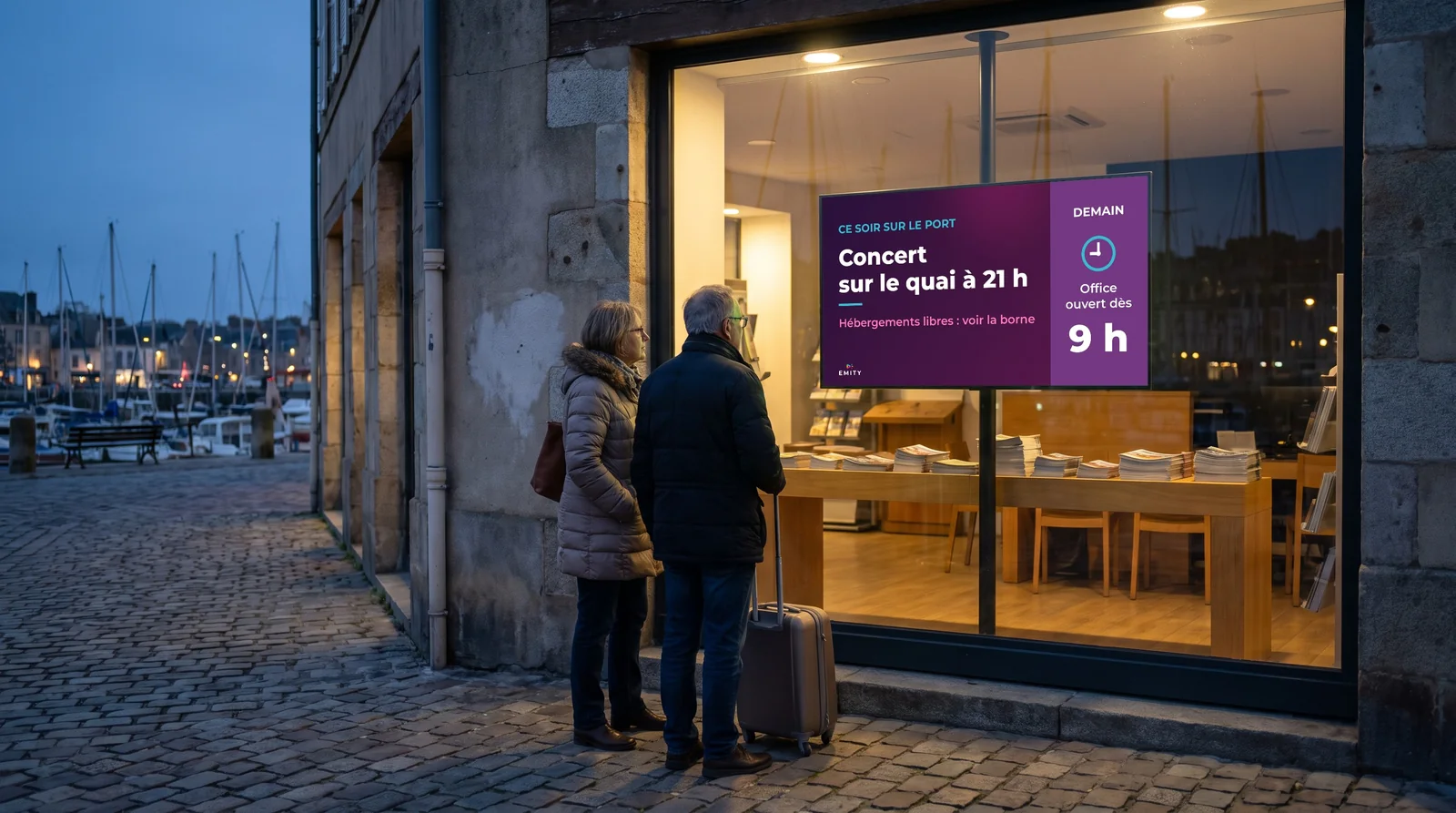 Couple avec valise devant la vitrine d'un office de tourisme sur le port, le soir : l'écran annonce le concert sur le quai et l'heure d'ouverture du lendemain