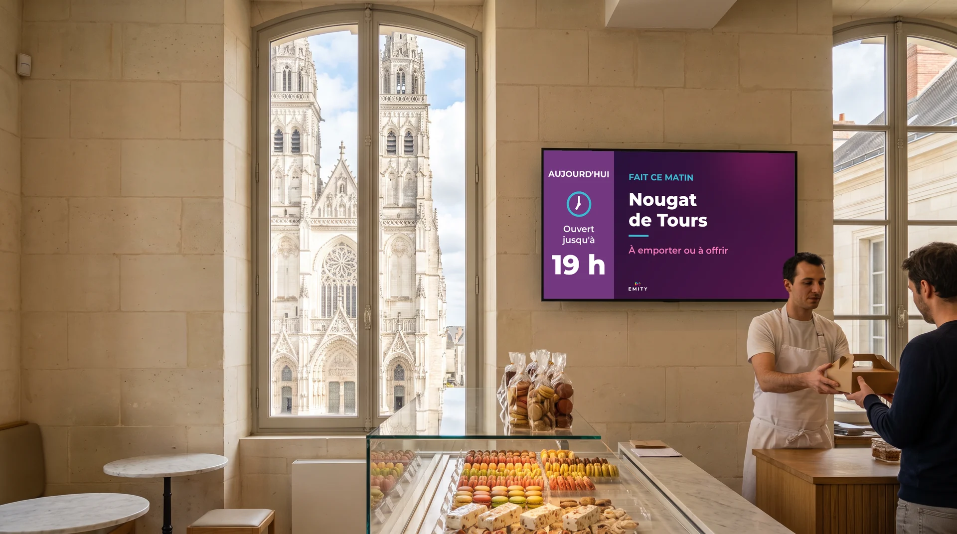Pâtisserie aux murs de tuffeau, façade de la cathédrale Saint-Gatien par la fenêtre : un pâtissier tend une boîte à un client sous l'écran mural « Nougat de Tours »