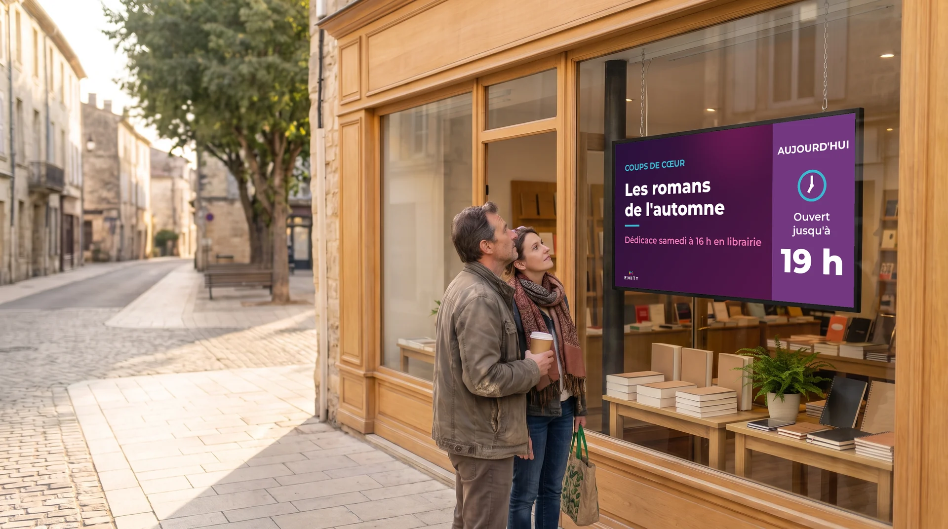Couple devant la vitrine d'une librairie : l'écran annonce les romans de l'automne et l'ouverture jusqu'à 19 h